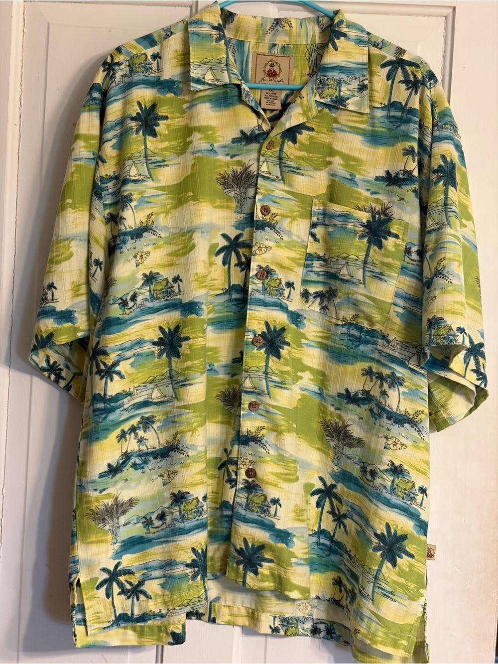 Tropical Palm Print Hawaiian Shirt in Lime & Teal